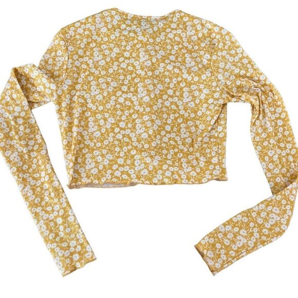 Longsleeve Cute Floral Crop Top 90s Inspired Yellow Lettuce Trim Buttons XS/S - Picture 2 of 4